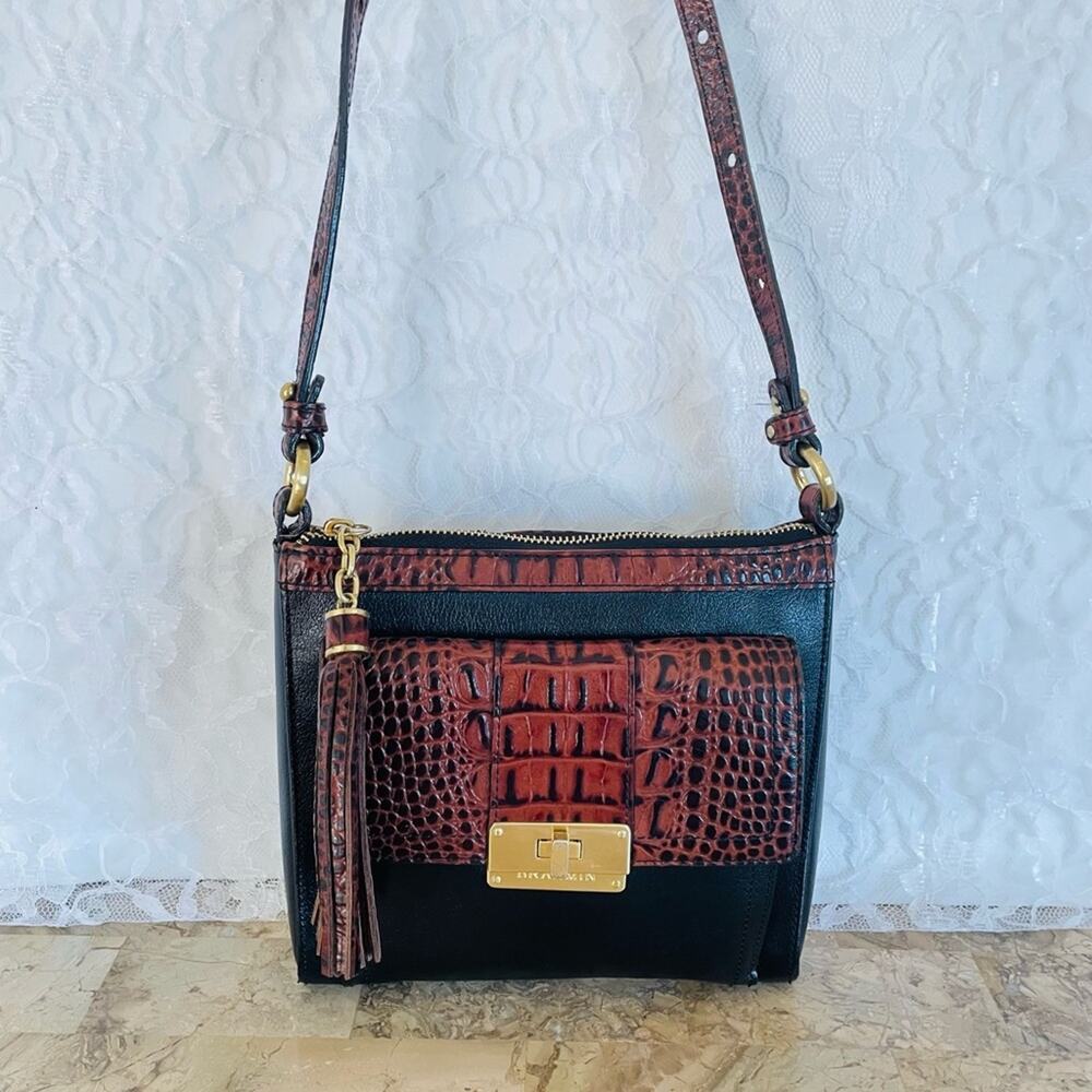Black & Brown Croc-Texture Crossbody Bag with Tassel